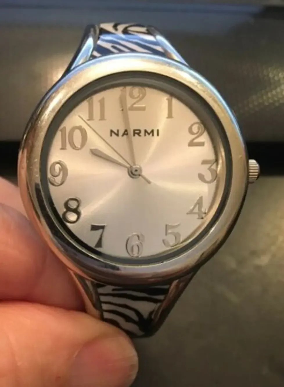 Womens Narmi Bangle Bracelet Watch, Silver Tone with Zebra Print Insets